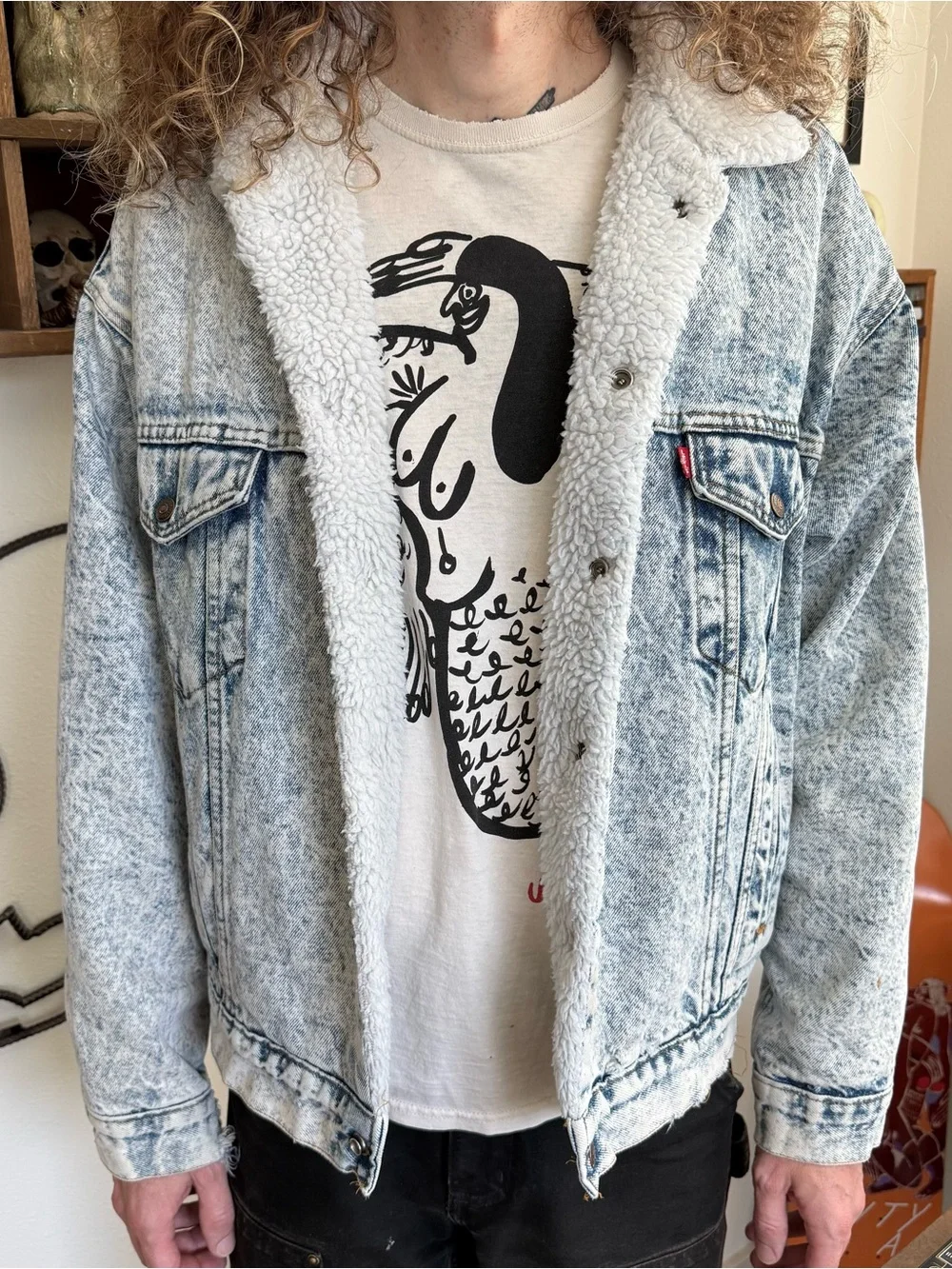 Vintage 80s Levis Sherpa Lined Denim Jacket Type III Acid Wash ~ Size XL